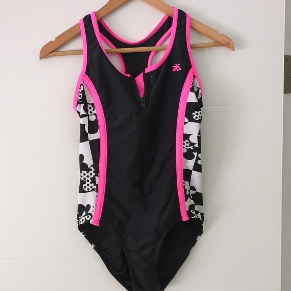 ZeroXposur Black and Pink Floral Girls Sz 14 Kids One Piece Swimsuit - Picture 1 of 4